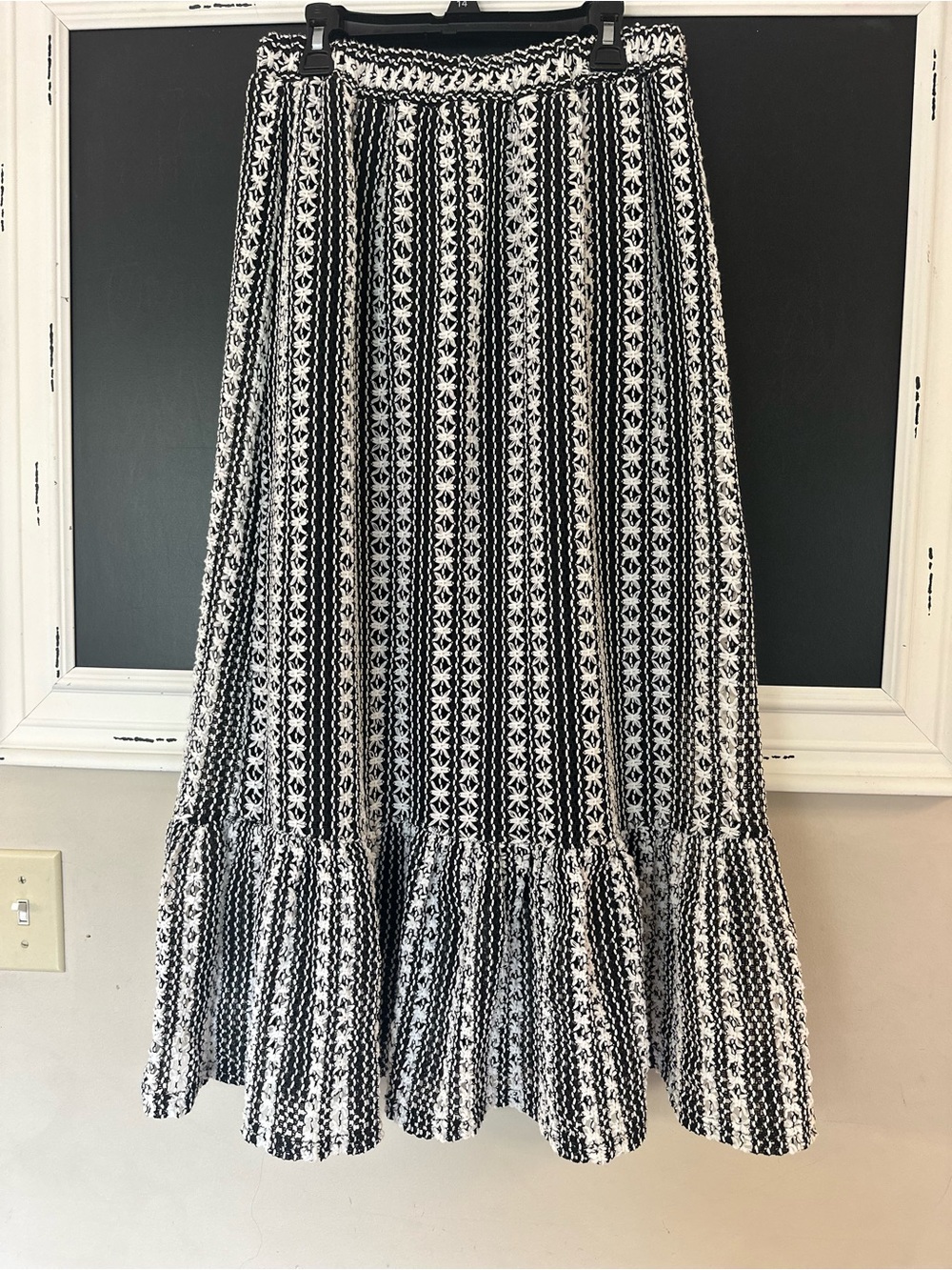 Kings Road Black and White Crochet Maxi Skirt with Ruffle Hem Sz. S